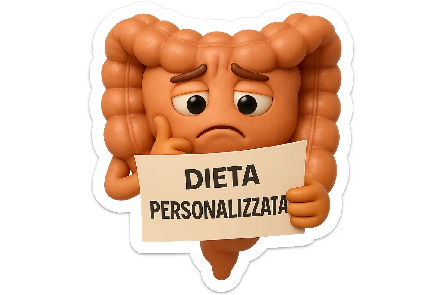 emoji stile iphone 3d di un intestino con mal di pancia che legge un foglio con la scritta "DIETA PERSONALIZZATA", ESPRESSIONE PENSIEROSA, iperrealistico 4k sticker