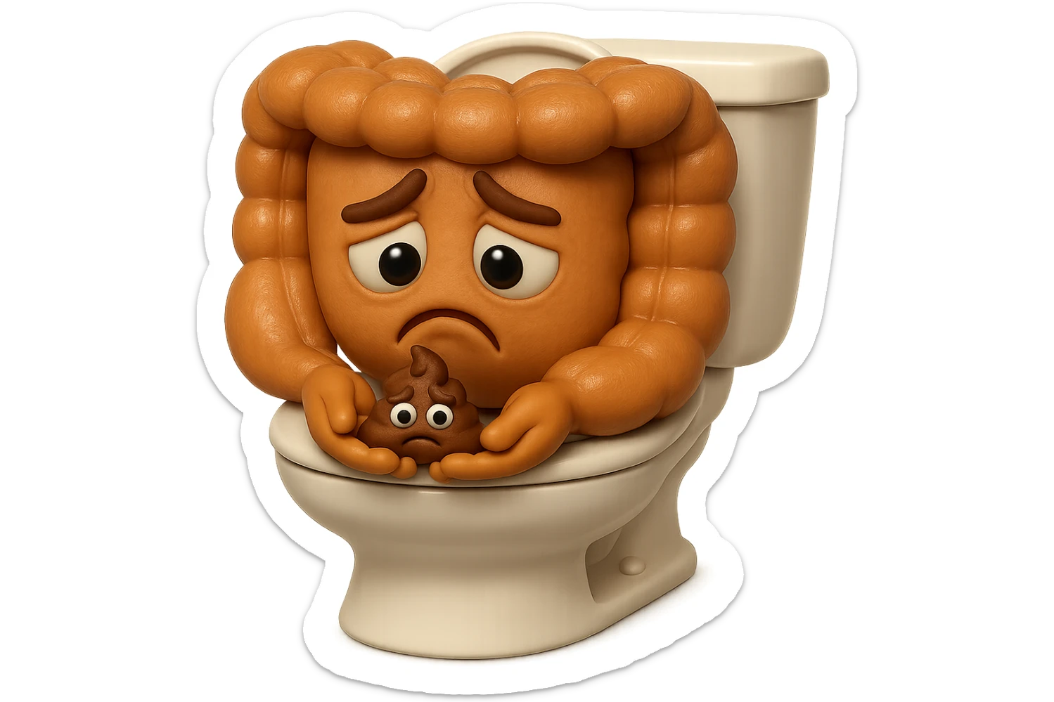 emoji stile iphone di un intestino realistico 3d che esce dal wc con in mano una montagnetta di feci con espressione triste a palline, iperrealistico 4k sticker