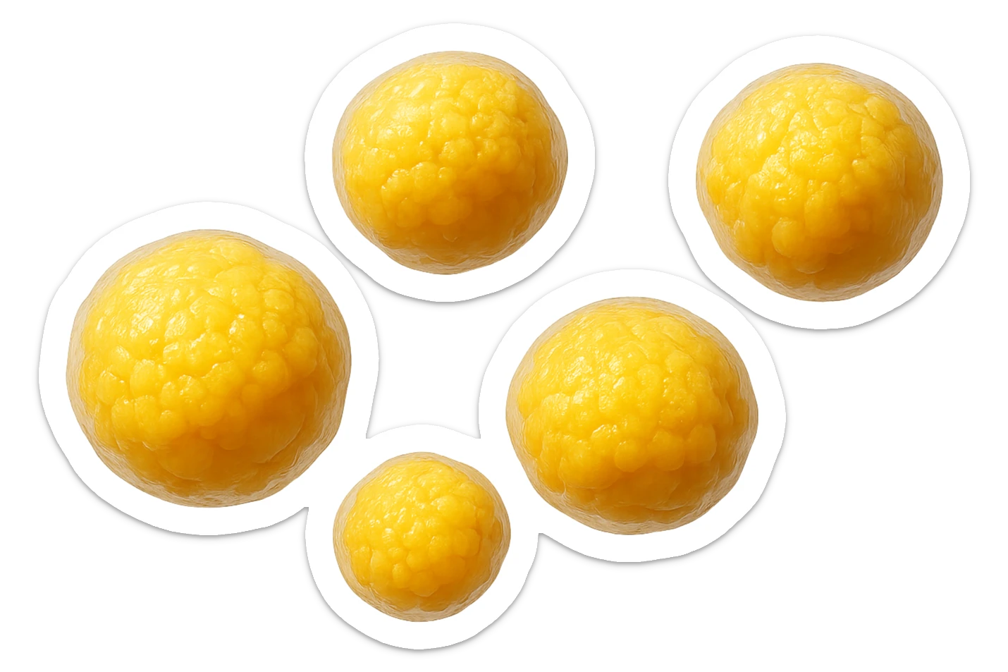 CINQUE CELLULE DI GRASSO GIALLE ANATOMICHE REALISTICHE FLUTTUANO IN ARIA, iperrealistico 4k, ISOLATA SU SFONDO BIANCO sticker