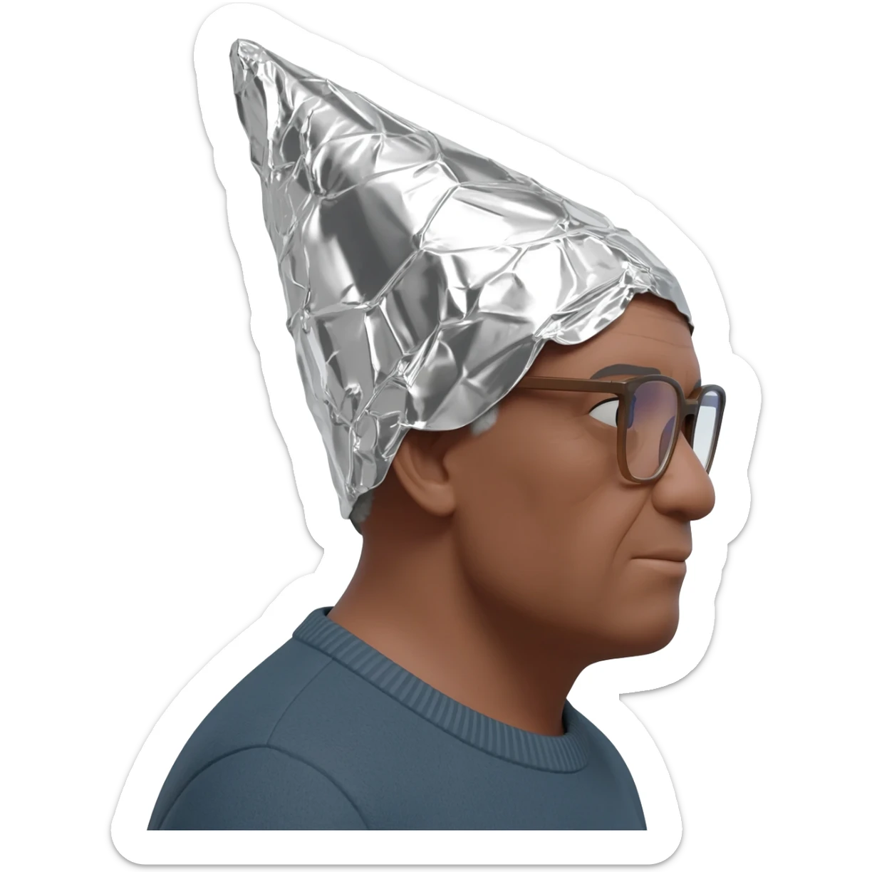 gere um emoji de um velho moreno de óculos olhando para o lado com um chapéu de papel alumínio em forma de cone sticker