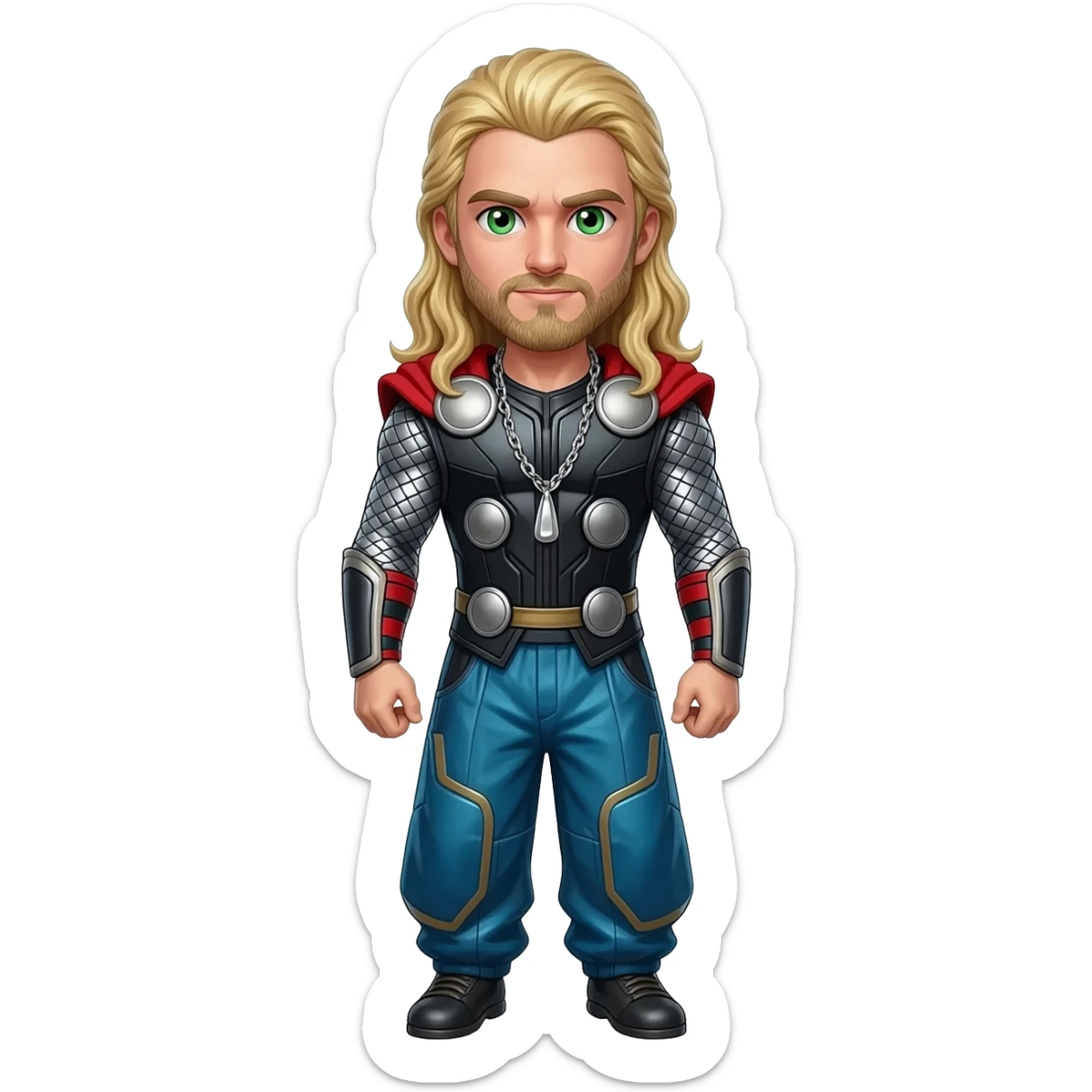 Thor from Norse Mythology with green eyes, long blonde hair, black metallic shirt, blue metallic baggy pants, silver necklace sticker