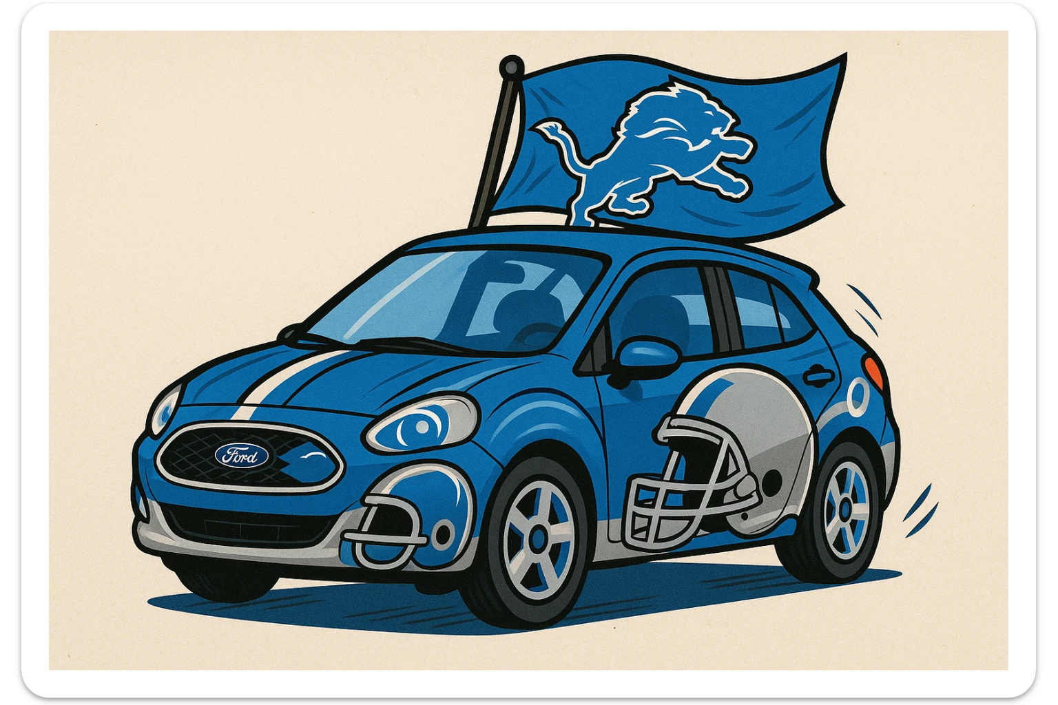 A Ford car in blue and silver, Detroit Lions flag on the roof, football helmet details, fun and spirited. sticker