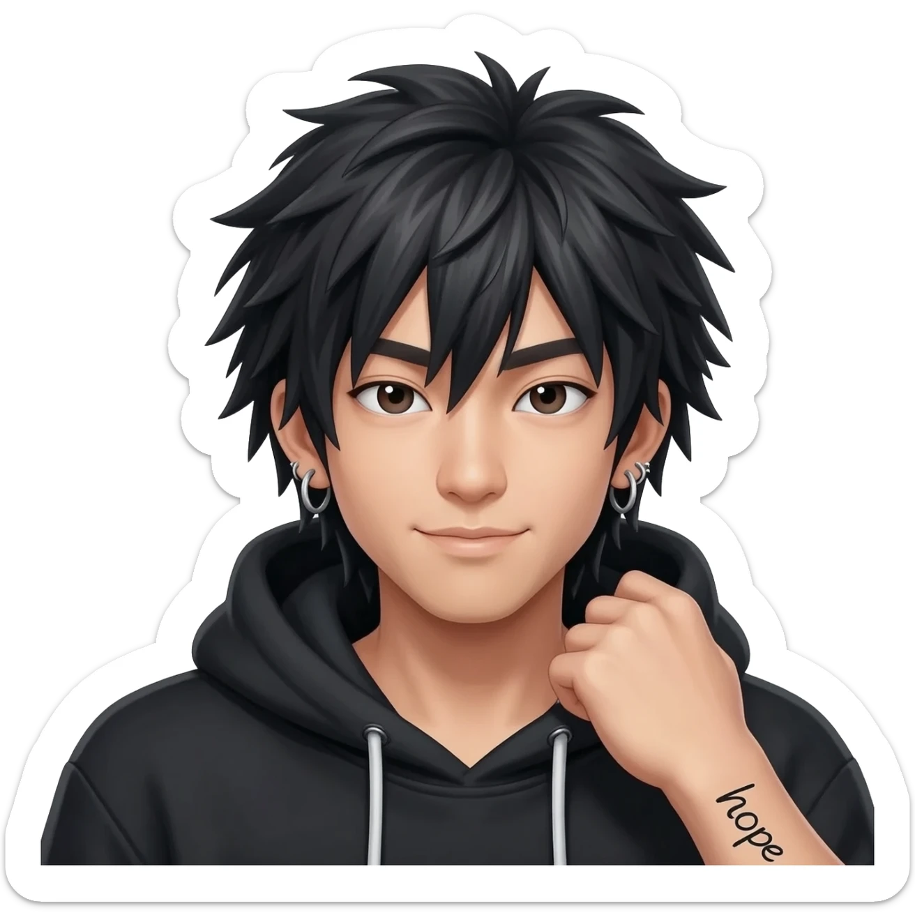 japan boy with spiky long hair and black hoodie zip one-sided earrings tattoo with the word "hope". cool face sticker
