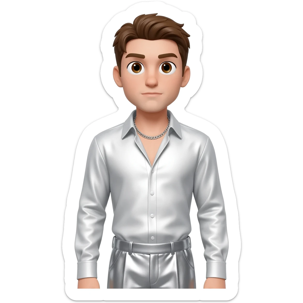 Peter Allen with brown eyes, brown hair, white metallic shirt, silver metallic baggy pants, silver necklace sticker