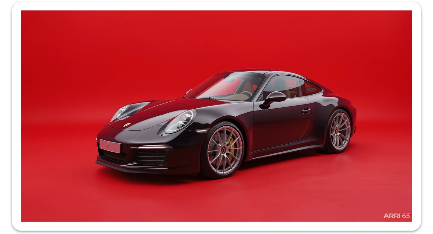 Medium shot of a porsche 911, body of car made of russian capret, red solid studio background, low keu light, top soft light, dutch angle,  captured by ARRI 65 sticker