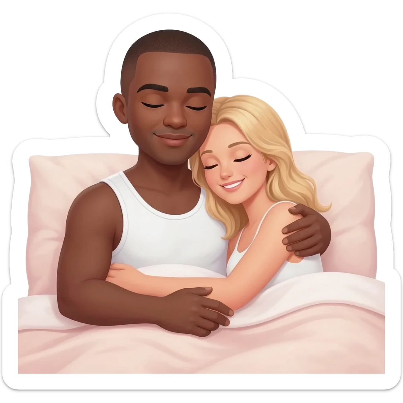 Black man with shaved head cuddling with blonde woman in bed sticker