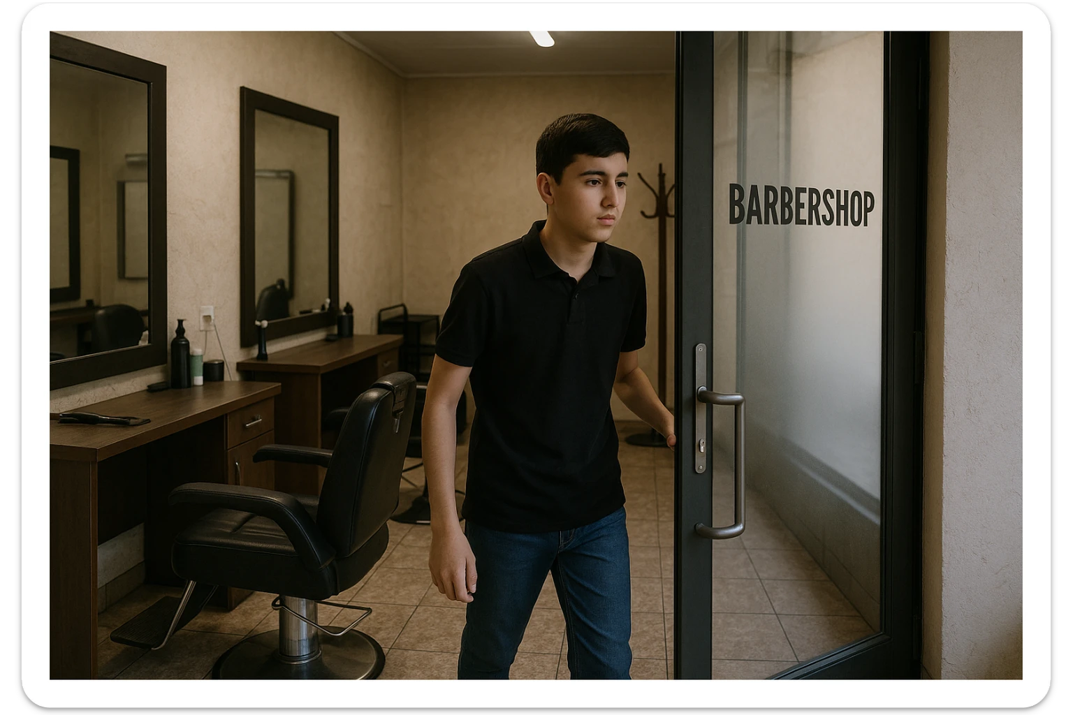 Shu odamni sartaroshxonaga kirib kelayapti  o'smirin davri rakurs ichkaridan sartaroshxona eski ham yangi ham emas bolani juda semiz qilib yuborma  u ozg'inroq bo' huddi sartaroshxonani  hammadan oldin kelib ochsin sticker