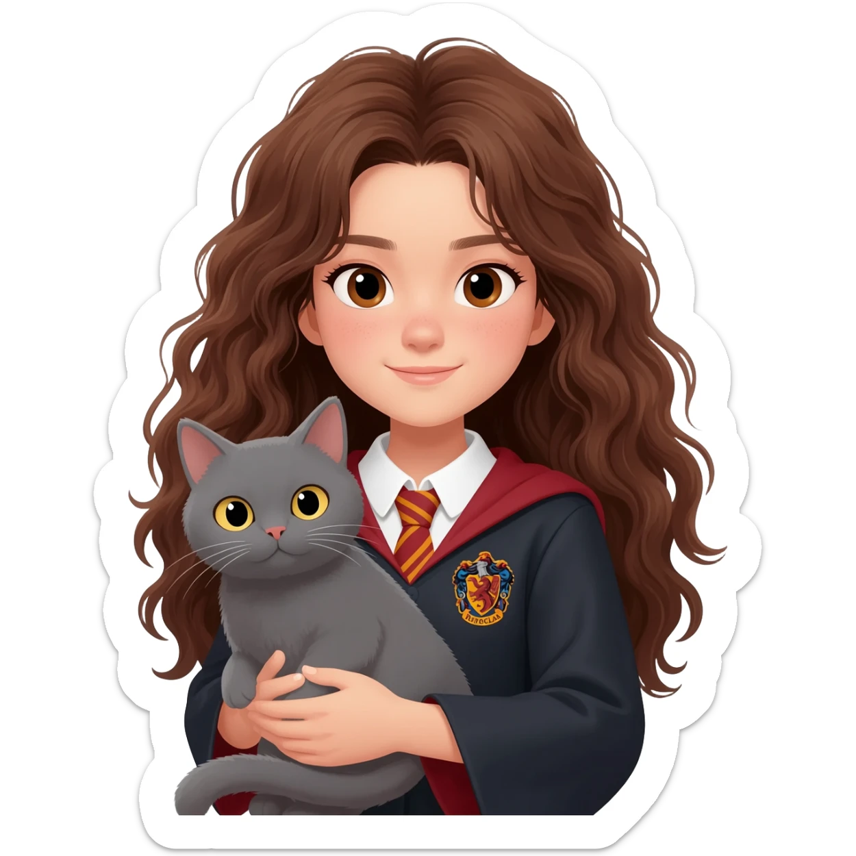 asian ravenclaw girl students with long brown messy wavy hair and brown eyes, holding a gray cat sticker