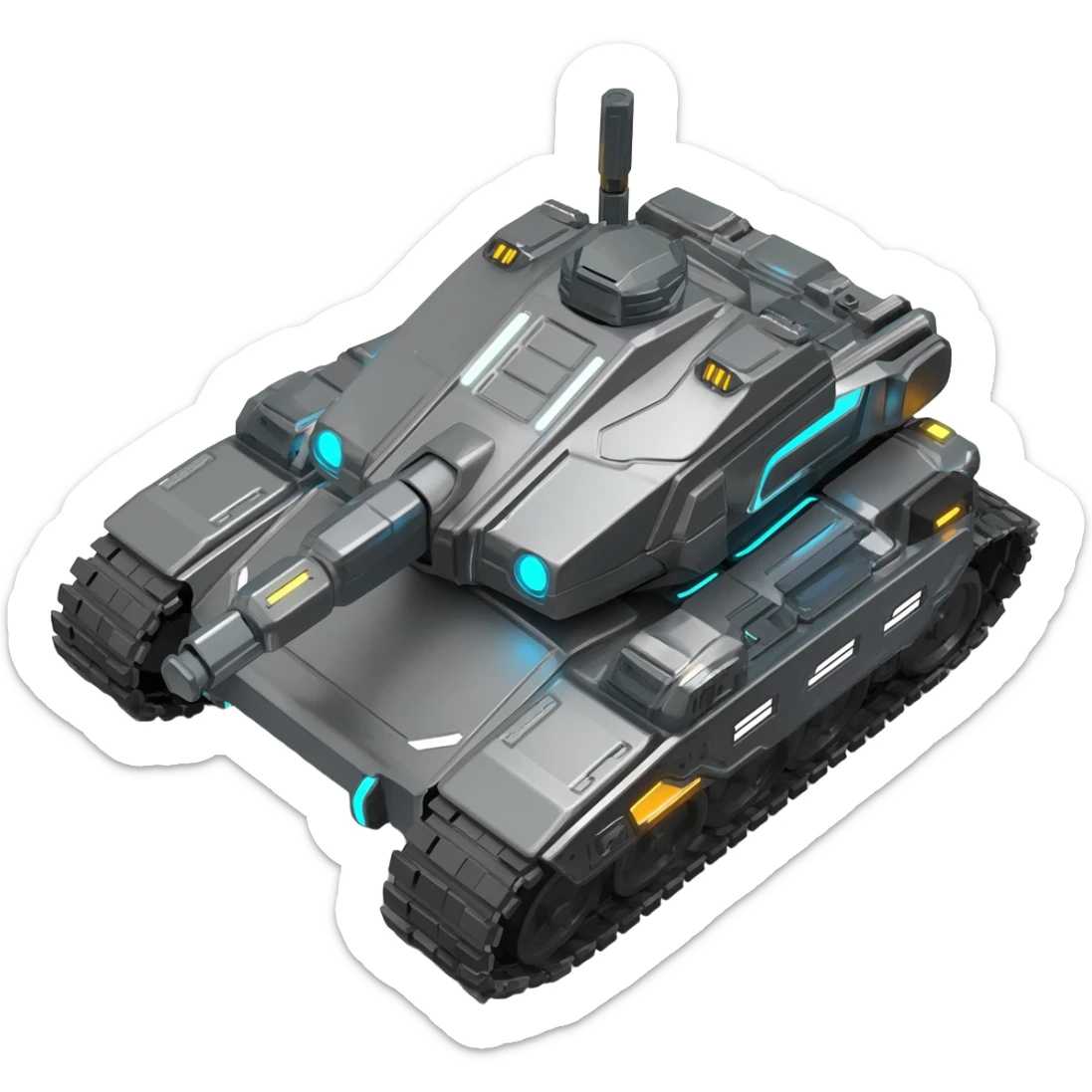 A top down view of a robot with tank tracks, in a cyber punk futuristic style far beyond what is currently available today, from the year 3000 sticker