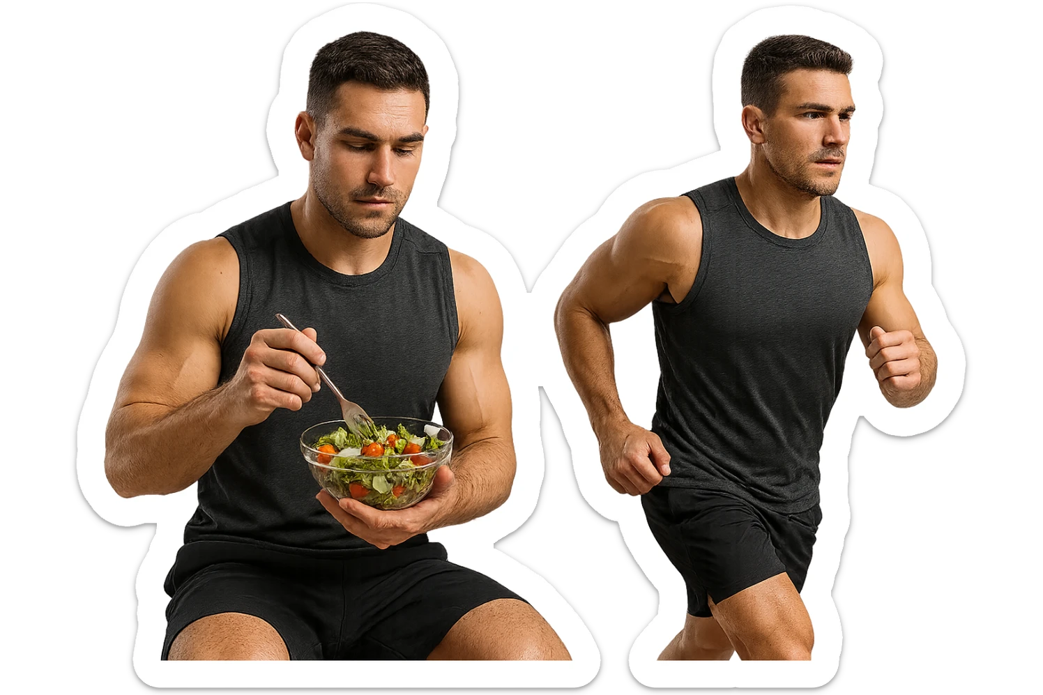 uomo fitness che mangia insalata accanto a uomo identico esteticamente che corre, iperrealistici 4k sticker