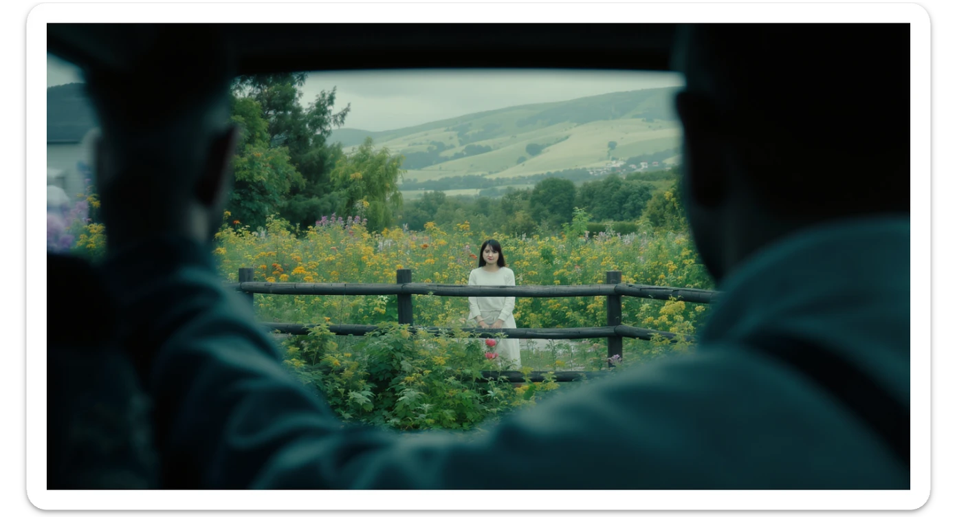 A portrait of a person in the foreground, blurred plants in the foreground (frame within a frame), a wooden fence and colorfull flowers in the midground, rolling hills in the background, cinematic depth of field, layered composition, natural lighting sticker