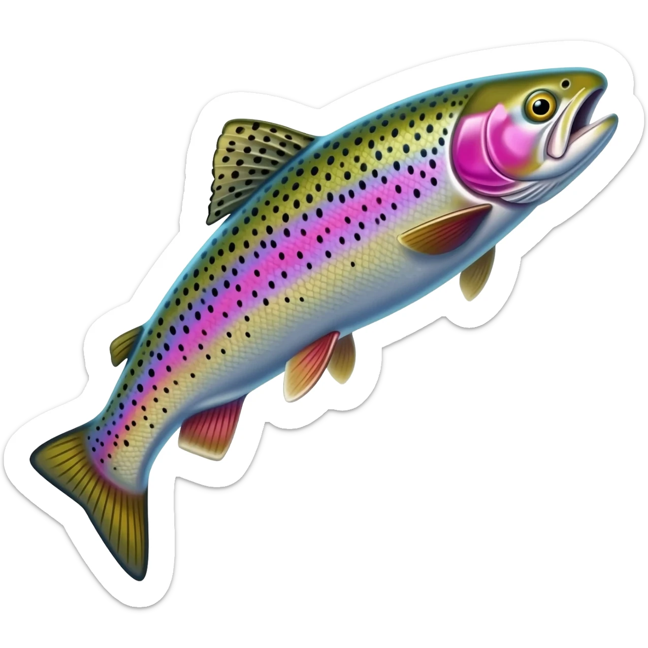 jumping realistic rainbow trout fish bright saturated purple blue green yellow white with scales and black speckles sticker