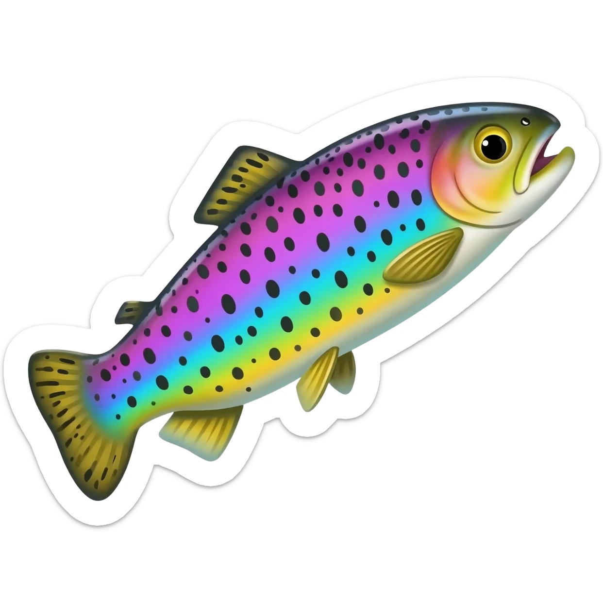 jumping realistic rainbow trout fish bright saturated purple blue green yellow white with scales and black speckles sticker