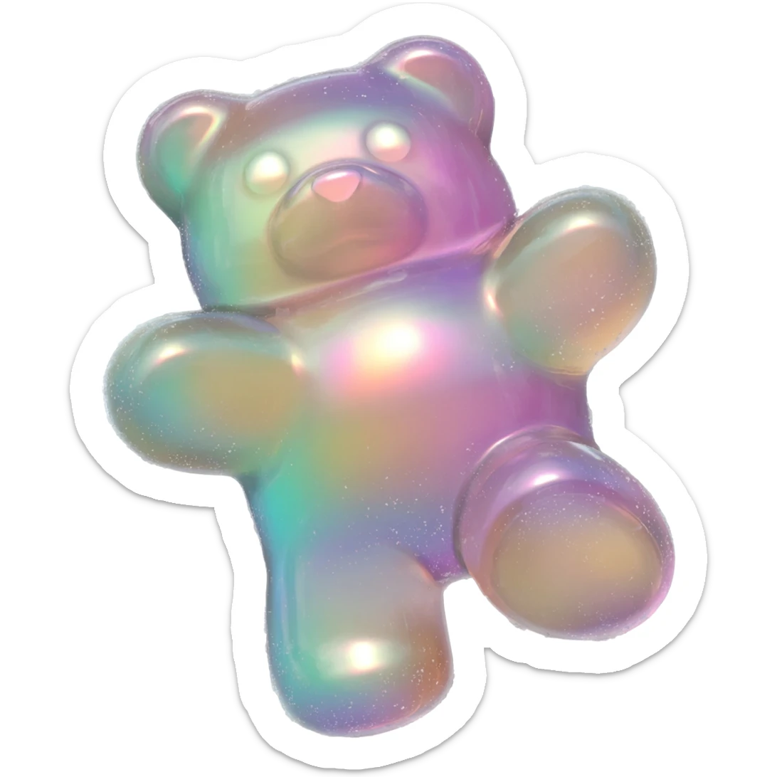 hyper-realistic 3D rendering of a translucent, glistening duochrome gummy bear mid-bounce, its plump body captured in dynamic motion as if frozen in time. The candy's surface refracts light like real gelatin, with sticky highlights gleaming along its curved edges and subtle sugar granules  sticker