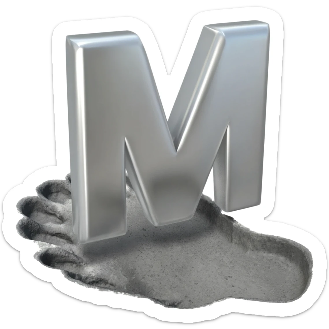 Minimalist 3D emoji based on image_e44ce5.png: massive polished chrome geometric 'M' raised metal relief, integrated central on deeply impressed bare heel in rough grey concrete. Harsh shadows, high contrast. Isolated on white sticker