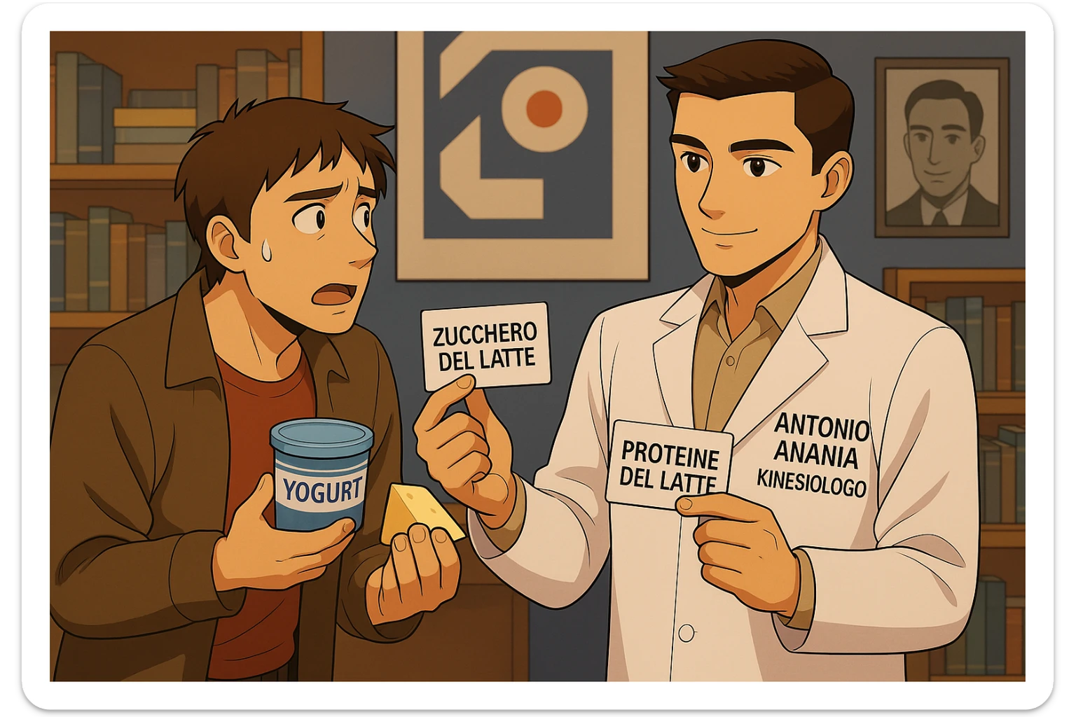 fai un webtoon manga a colori con questo stile, in cui un uomo fa una domanda al kinesiologo con il camice bianco (fagli anche la scritta "ANTONIO ANANIA" SUL CAMICE, l'uomo chiede una cosa mostrando un formaggio e uno yogurt al kinesiologo con il camice, IL KINESIOLOGO annuisce e SPIEGA ALL'UOMO UNA cos. L'UOMO ha un ESPRESSIONE CONFUSA IN VOLTO. non fare i fumetti però, fai solo in modo che sembri stiano parlando sticker