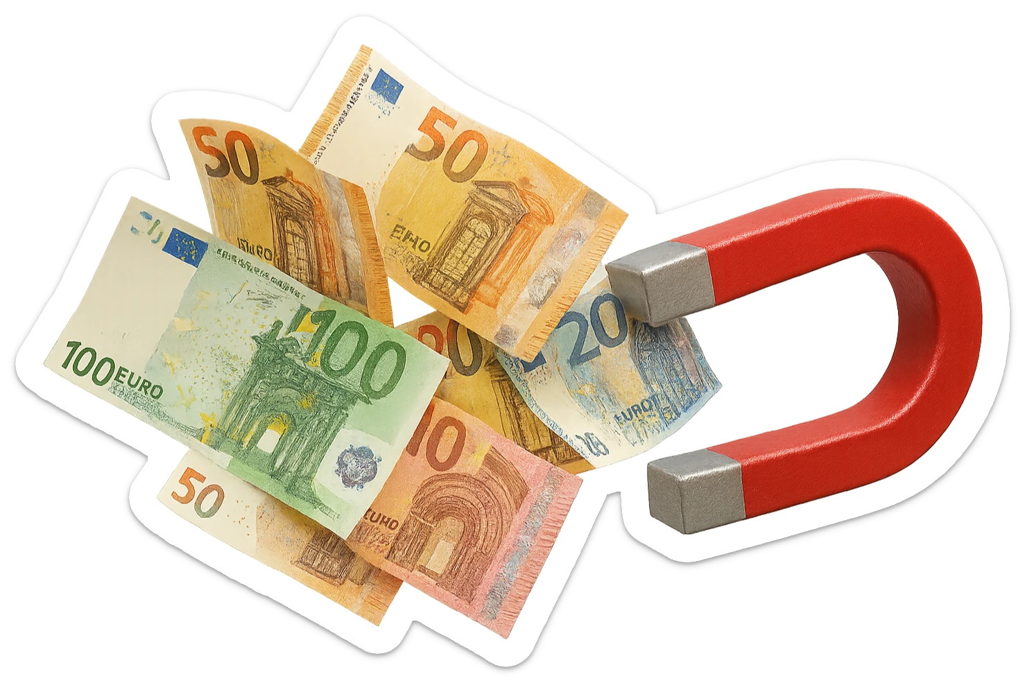 banconote di euro fluttuano vicino ad una calamita rossa, sono attratte, iperrealistico 4k sticker