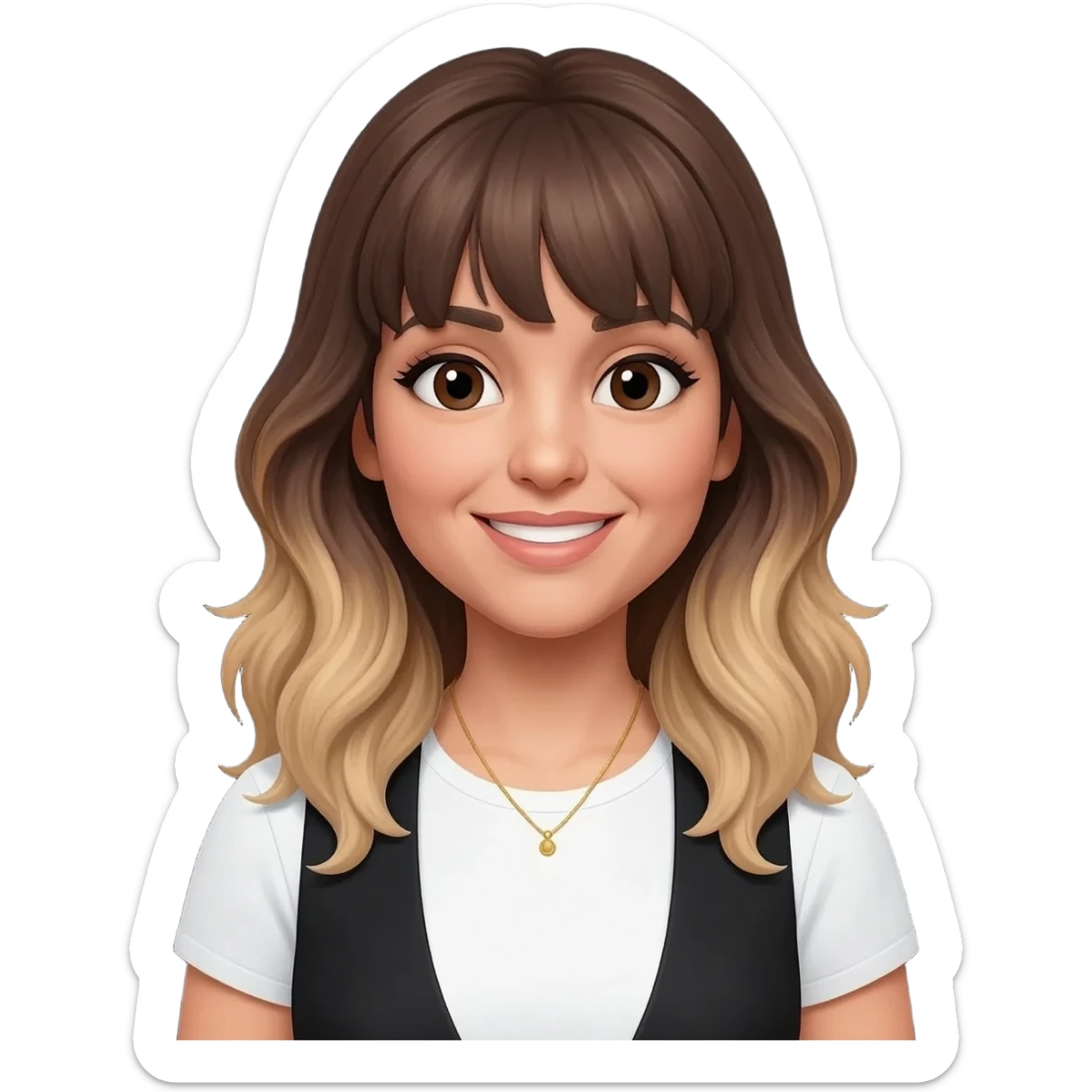 An adult girl with an oval-shaped face and feminine features, long dark brown wavy hair fading to blonde at the ends with light bangs. Thick dark eyebrows, large expressive eyes, and a warm smile. She is wearing a white T-shirt with a black vest and a delicate golden necklace.black background sticker