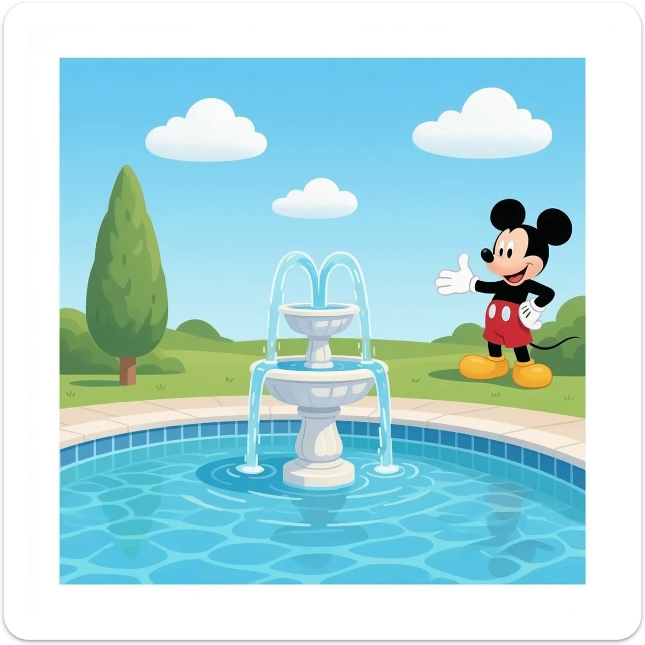 Micky mouse fountain next to swimming pool sticker