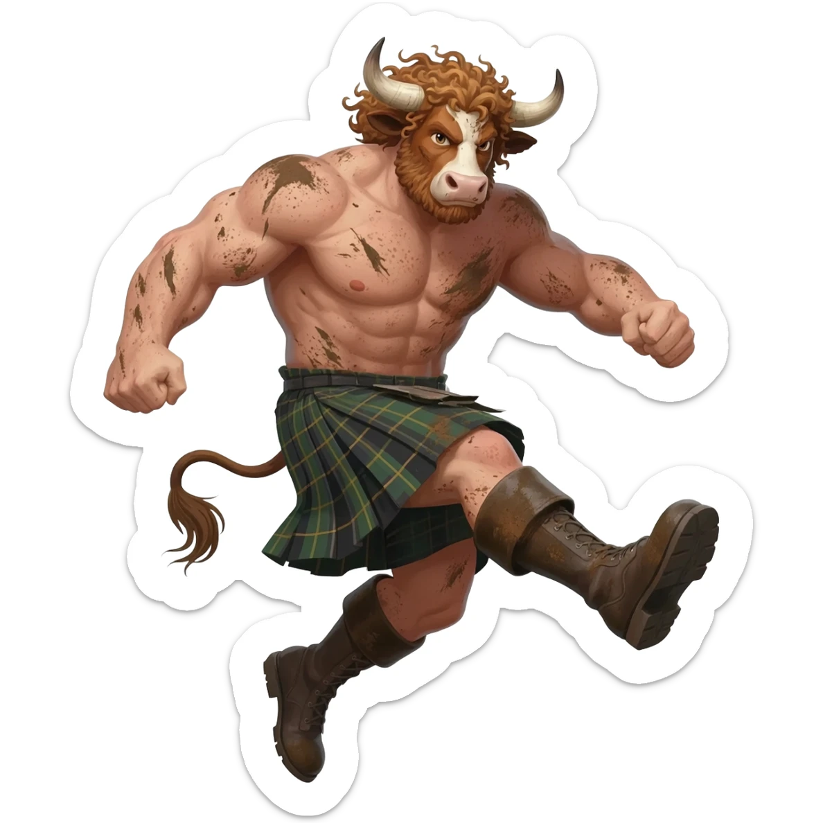 big buff curly hairy man covered in dirt with freckles with messy light brown bangs that covers his face completely with bull horns and bull ears and bull tail dressed in kilt jumped up kicking with his strong leg in boots with wind in his hair front view sticker