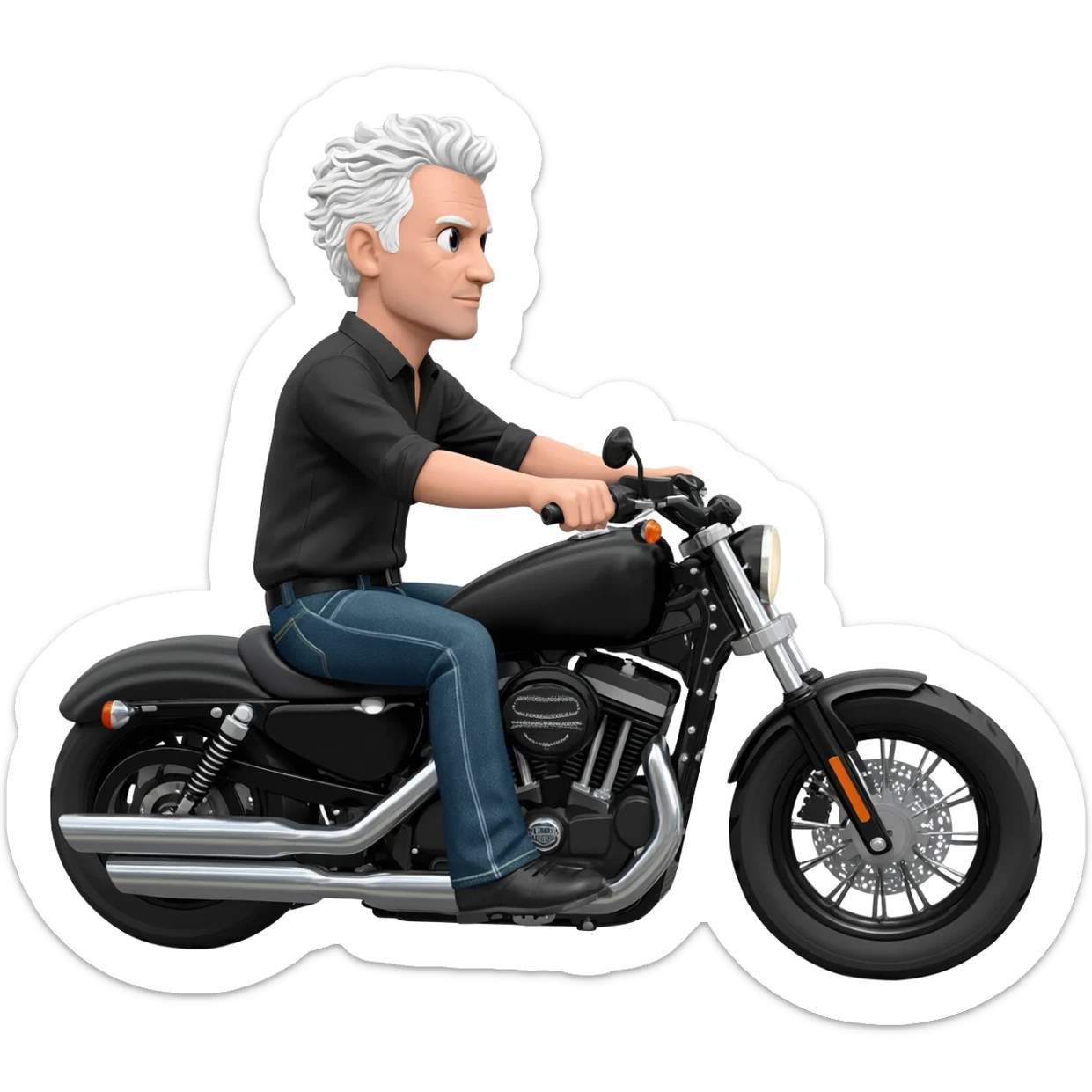 White man with short wavy white hair riding Harley Davidson in jeans and black shirt sticker