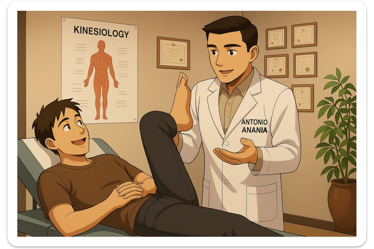 su questo lettino rappresenta un webtoon manga a colori con questo stile, in cui un uomo è steso sul lettino medico e il kinesiologo con il camice bianco (fagli anche la scritta "ANTONIO ANANIA" SUL CAMICE, gli solleva una gamba per fargli il test neuromuscolare, IL KINESIOLOGO SPIEGA ALL'UOMO UNA cosa mentre gli alza la gamba. l'espressione dell'uomo è felice e soddisfatta, non fare i fumetti però, fai solo in modo che sembri stiano parlando sticker