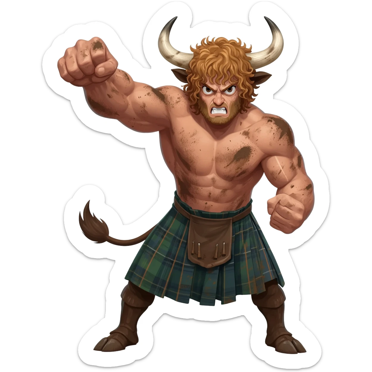 big buff curly hairy man covered in dirt with freckles with messy light brown bangs that covers his face completely with bull horns and bull ears and bull tail dressed in kilt punches with left hook front view furious expression sticker