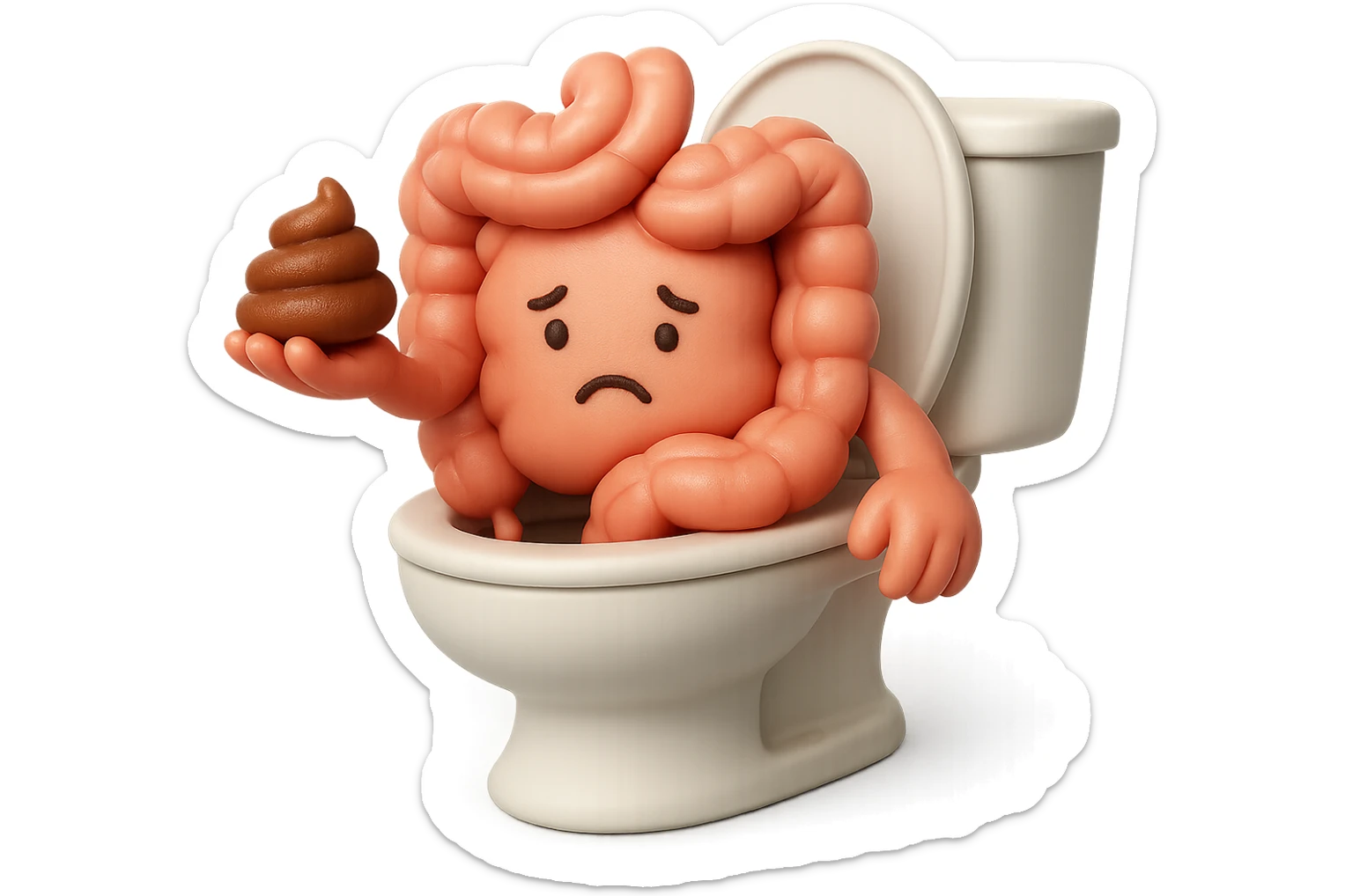 emoji stile iphone di un intestino realistico 3d che esce dal wc con in mano una montagnetta di feci con espressione triste a palline, iperrealistico 4k sticker