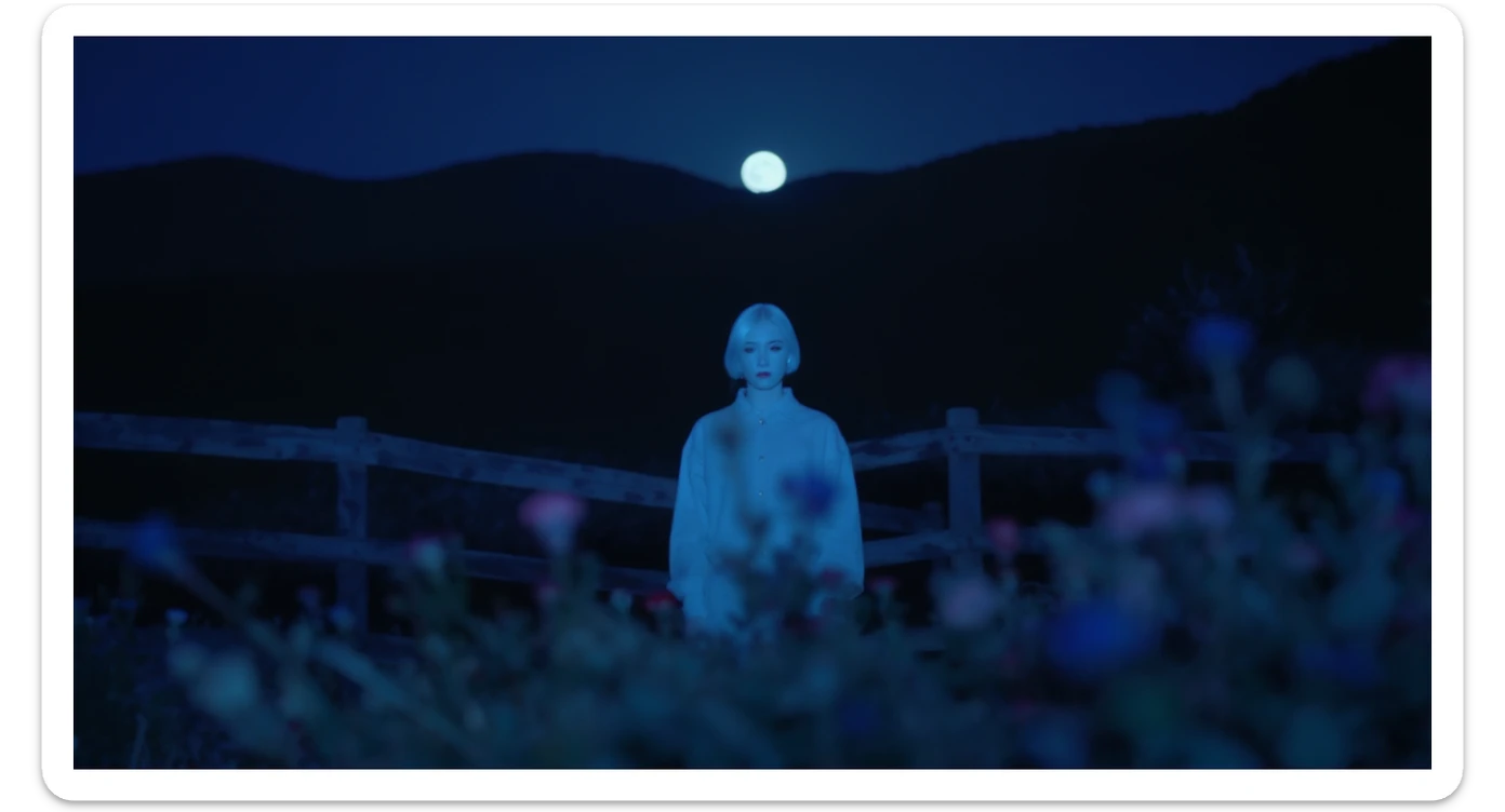 A portrait of a white person in the foreground, blurred plants in the foreground, a wooden fence and colorfull flowers in the midground, rolling hills in the background, cinematic depth of field, layered composition, moon back light (Blue night) sticker