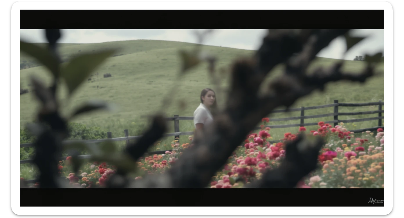 A portrait of a person in the foreground, blurred plants in the foreground (frame within a frame), a wooden fence and colorfull flowers in the midground, rolling hills in the background, cinematic depth of field, layered composition, natural lighting sticker