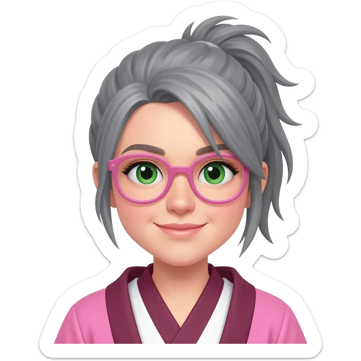 MUJER JOVEN, MEDIA MELENA, PELO GRIS, MOÑO INFORMAL DESPEINADO, GAFAS ROSAS OJOS VERDES, BATA CUATROS ROSA/GRANATE/BLANCO sticker