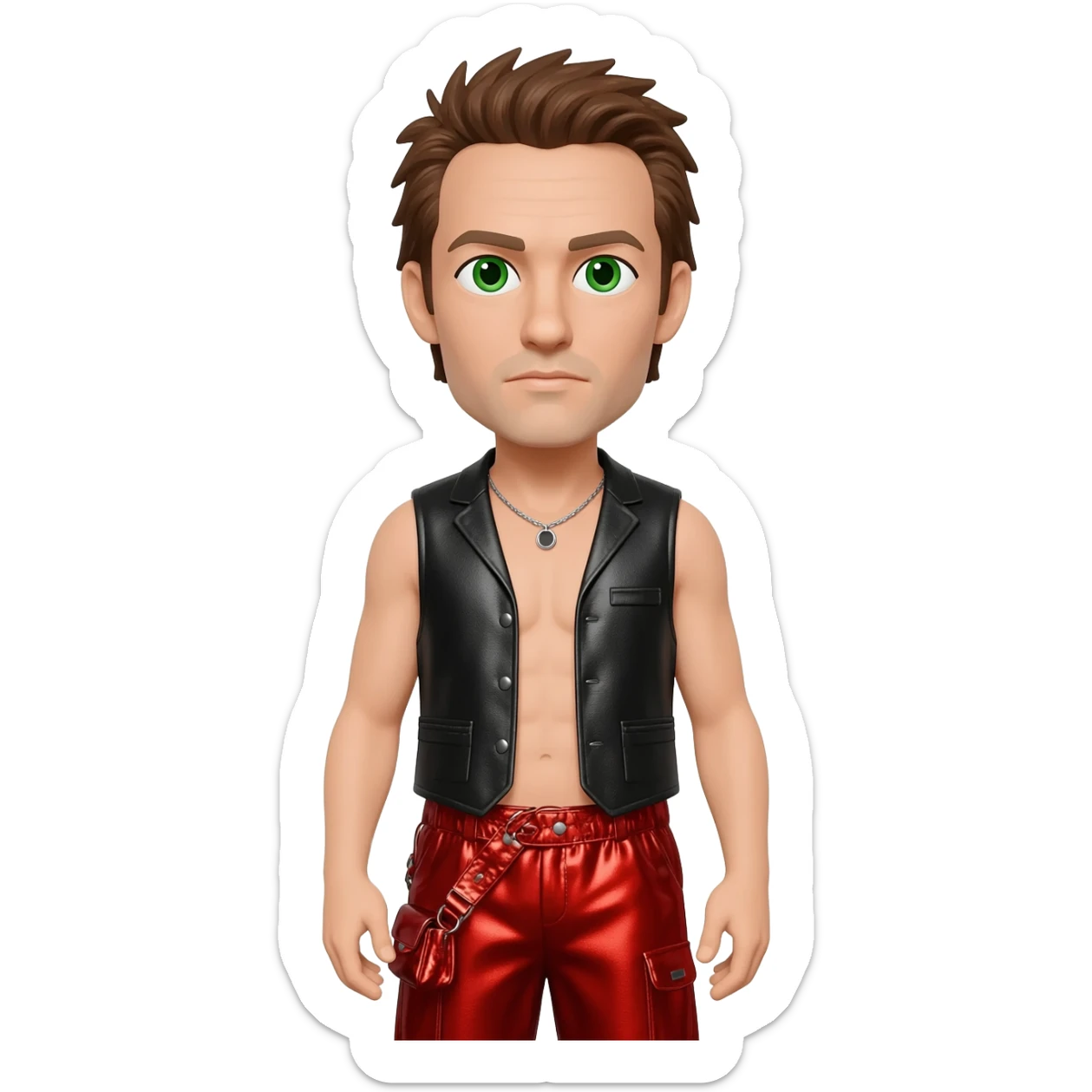 Tony Mortimer with green eyes, brown hair, black metallic vest, red metallic baggy pants, shirtless with necklace sticker