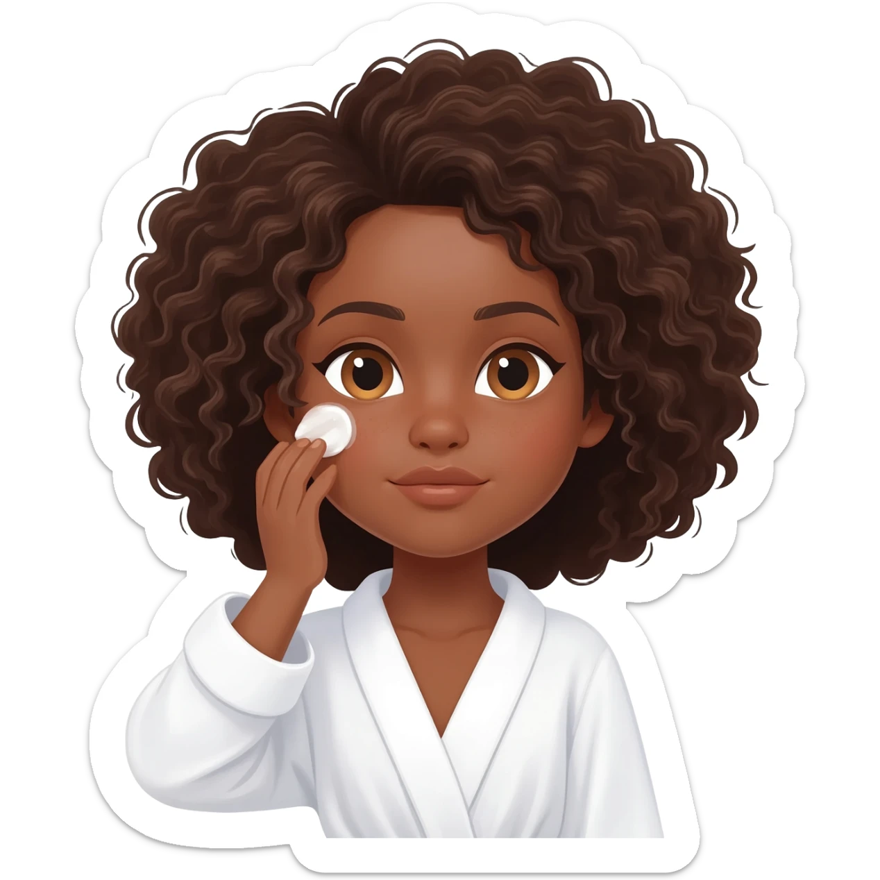 Menina parda,de olhos castanhos claros, com cabelos grandes encaracolados e um roupão branco e cosa fazendo skin care sticker