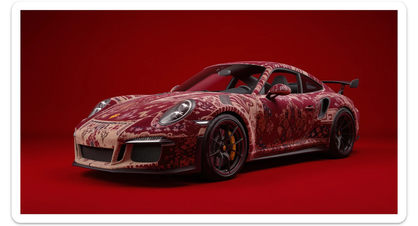 Closeup shot of a porsche 911, body of car made of russian carpet with patterns, red solid studio background, very dark room, top low key light, dutch angle, haze, captured by ARRI 65 sticker
