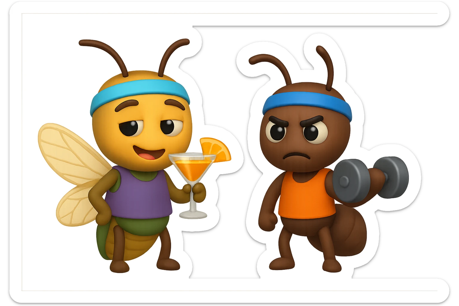 EMOJI STILE IPHONE 3D DI UNA CICALA E UNA FORMICA IN ABITI FITNESS, LA CICALA HA IN MANO UN COCKTAIL MENTRE LA FORMICA HA IN MANO UN MANUBRIO DA PALESTRA. L'IMMAGINE RAPPRESENTA IL FATTO CHE LA FORMICA VOGLIA IMPEGNARSI REALMENTE PER CAMBIARE IL SUO FISICO MENTRE LA CICALA SI VUOLE DIVERTIRE E NON CONCLUDE NULLA ALLA FINE sticker