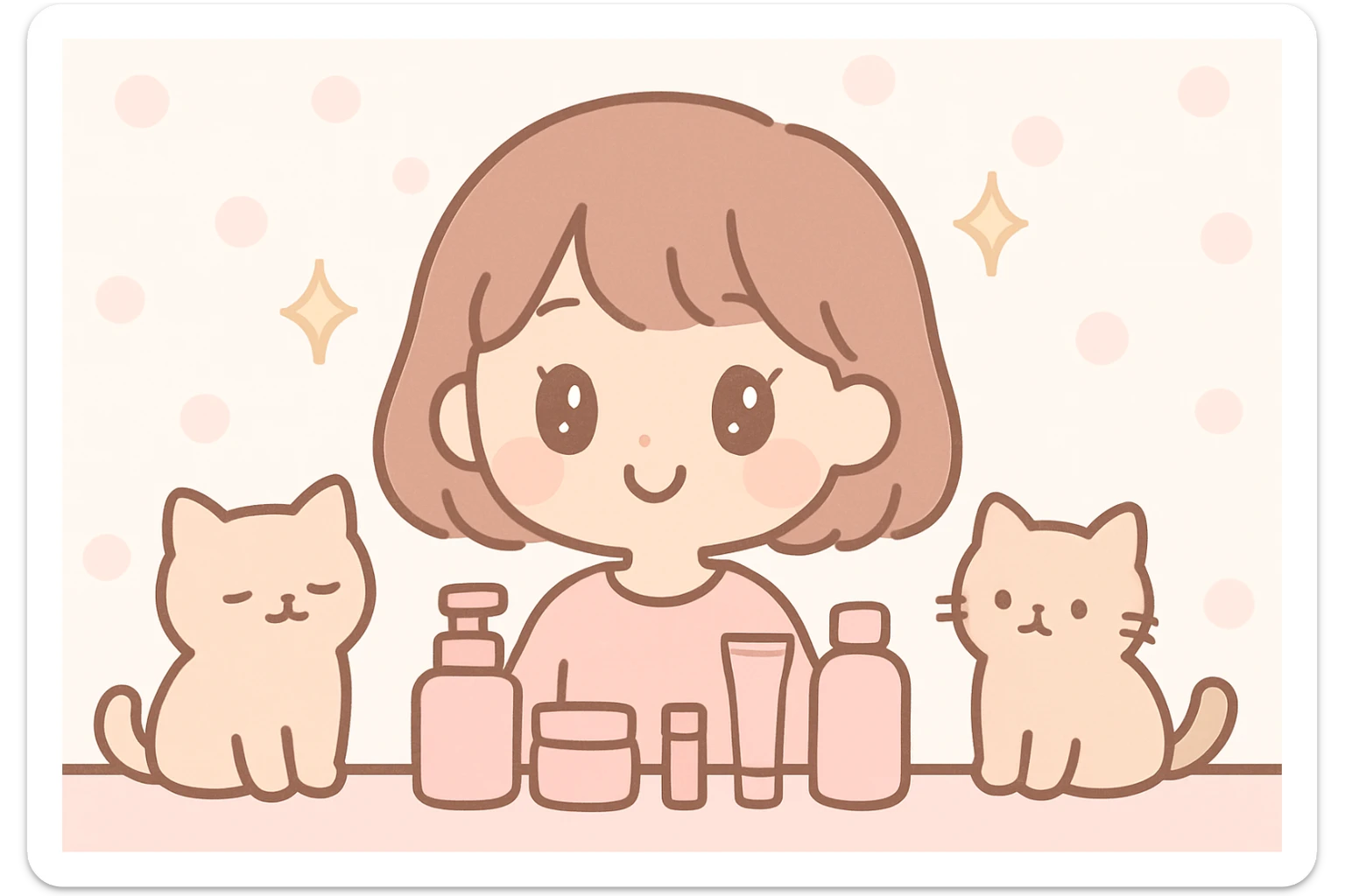 soft girl with short brown hair, surrounded by skincare products, sparkles, and two adorable light brown ragdoll cats, pink pastel aesthetic sticker