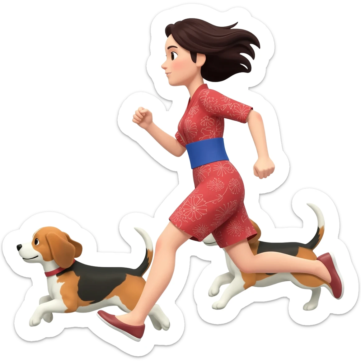 femme franco japonaise qui cours avec son beagles devant sticker