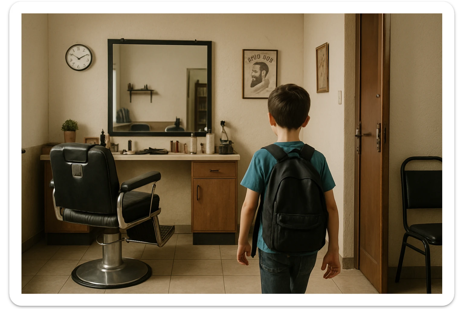 Sartaroshxonaga kirib kelayotgan bola sartaroshxona unchalik eski emas ammo yangi ham emsa sticker