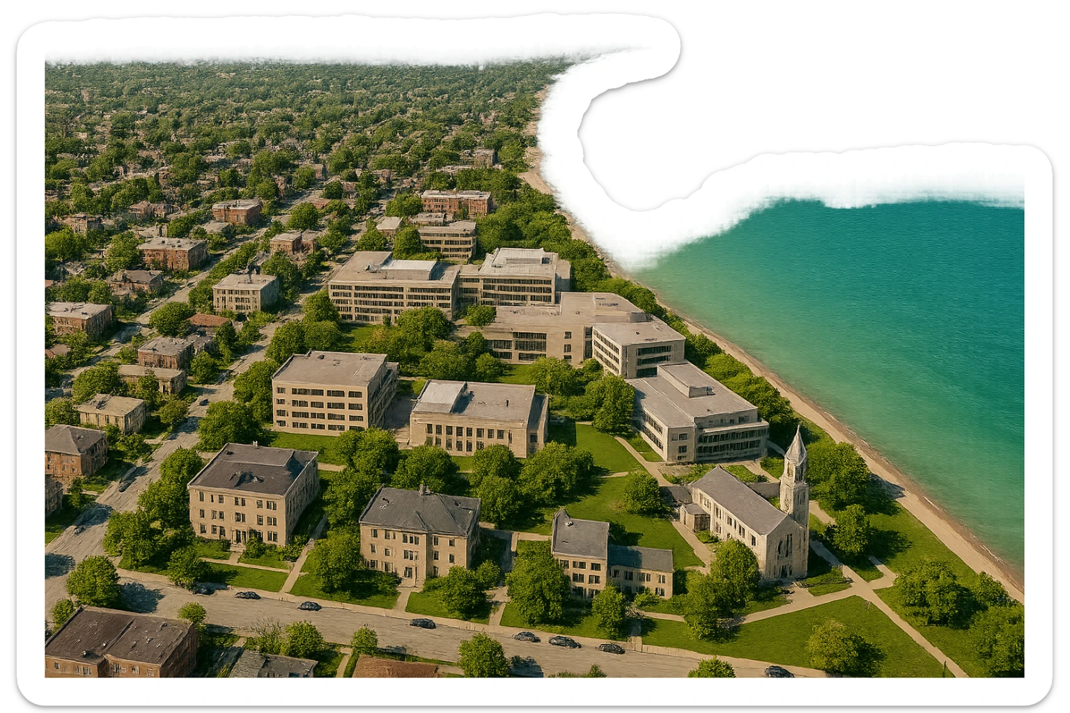 cinematic realistic emoji of Evanston, Illinois city view with a large, prominent Lake Michigan forming the entire eastern edge of the image, Northwestern University campus clearly visible and adjacent to the lake, Sigma Chi International Fraternity Headquarters and Levere Memorial Chapel (Sigma Alpha Epsilon HQ) as recognizable buildings, no downtown, lifelike detail, accurate colors, bright daytime, no sky, no clouds sticker