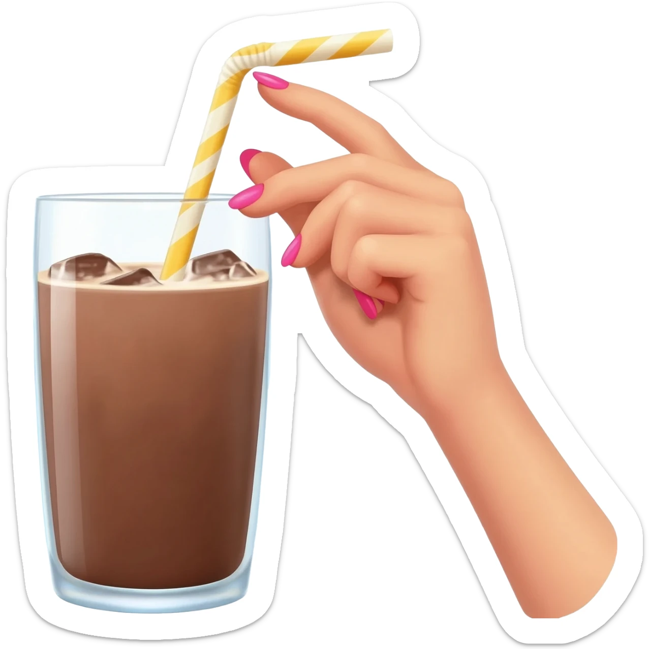 chocolat froid dans un grand verre avec une paille tenue par le bout d'une jolie main de femme avec une belle manucure Style Pinterest ultra réaliste Avec une bordure blanche IOS sticker