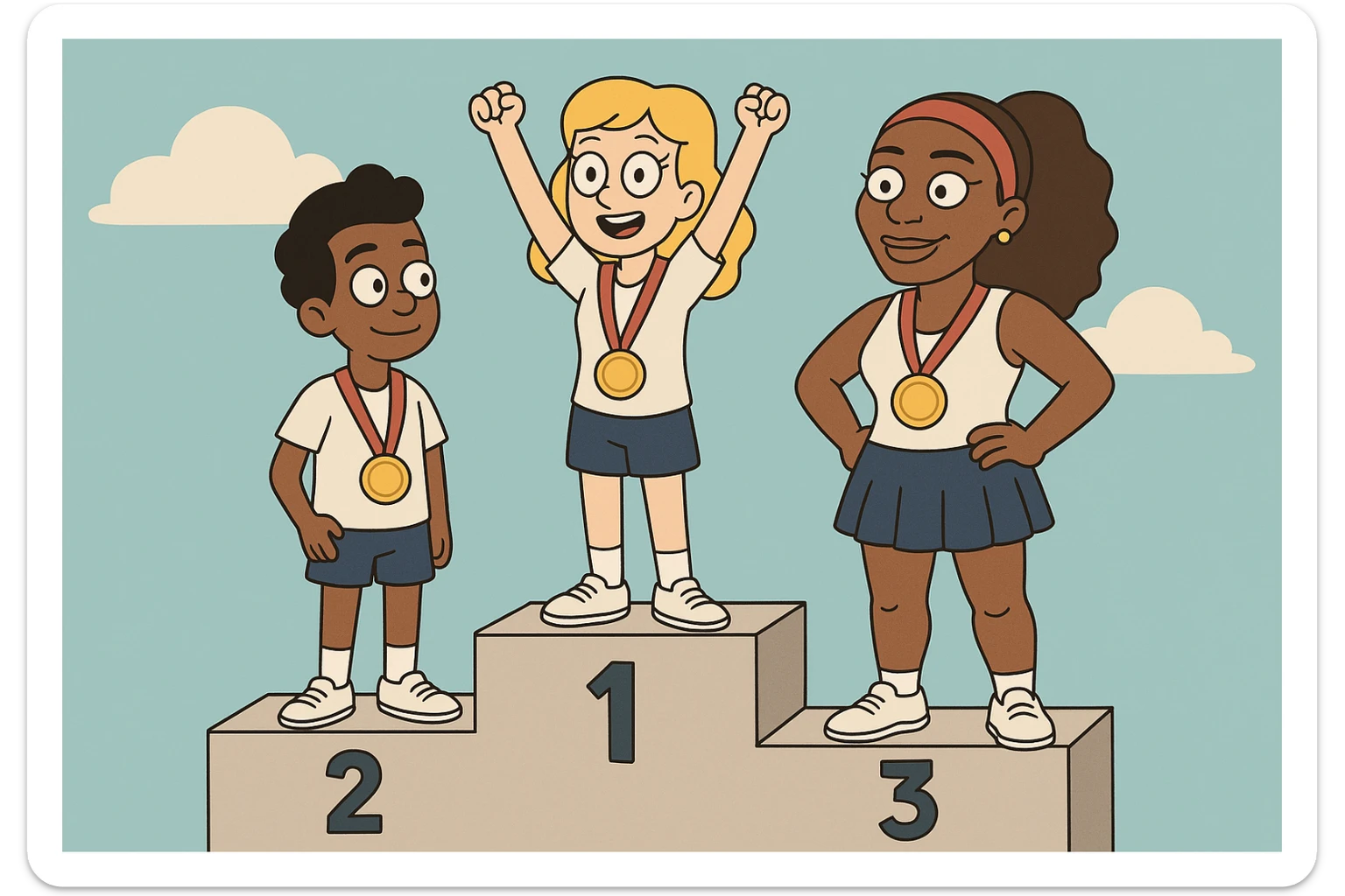 winners podium girl yellow hair Olympic Gold Medal a boy brown skin black Classic Curl hair Olympic Gold Medal Serena Williams Olympic Gold Medal  sticker