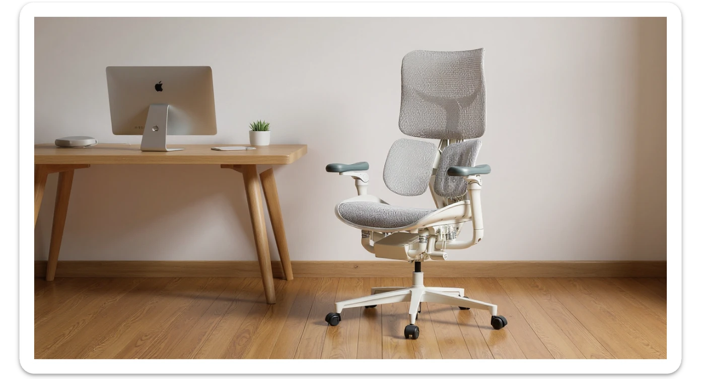 Editorial shot, Make this chair next to desk with mac setup, wooden modern floor, minimalistic room, contrast chair to wall, chair standing front to camera, soft bright light in room sticker