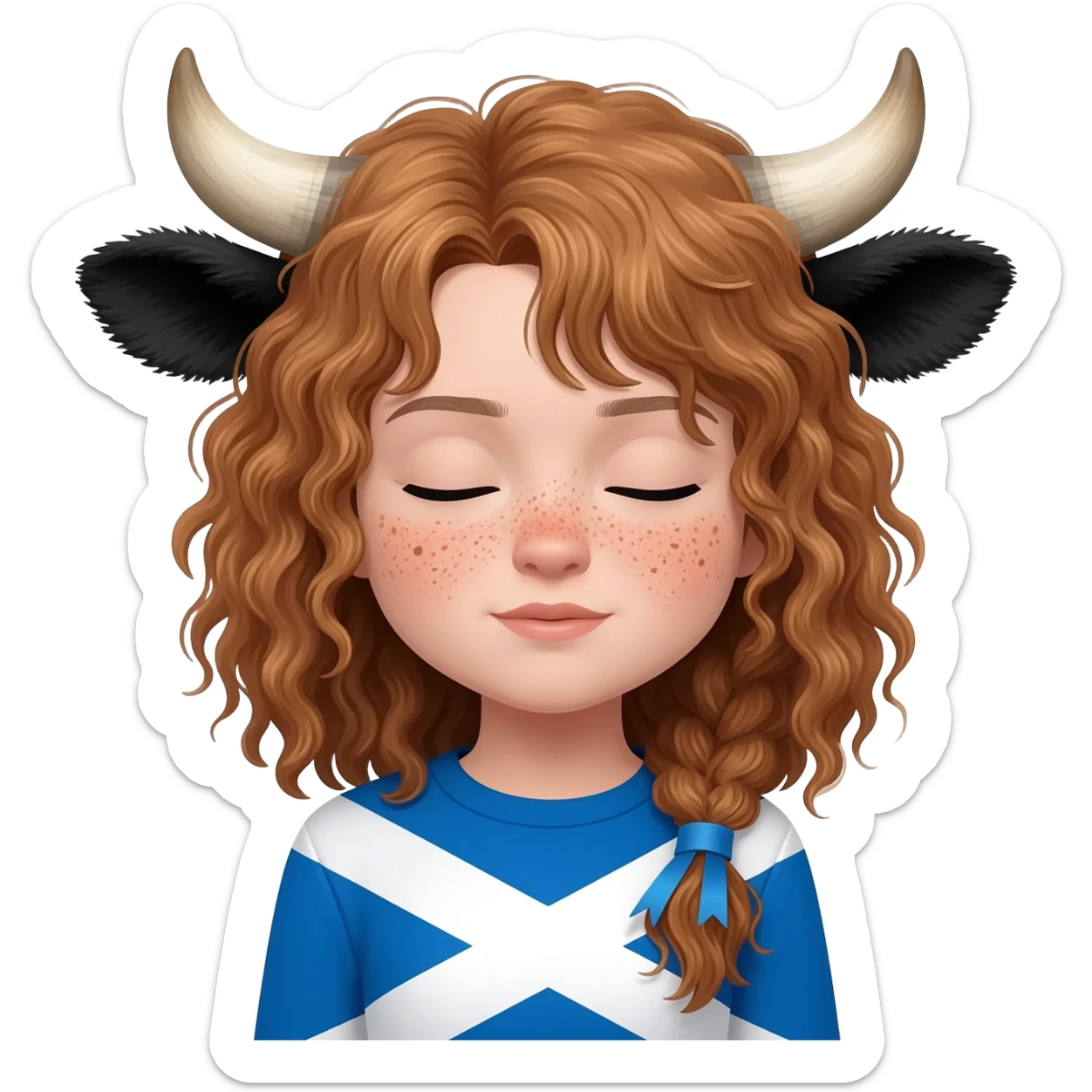 curly girl with freckles with messy light brown bangs covering the eyes with cow horns and cow ears with scottish flag on his shoulders with ribbon in her hair sticker