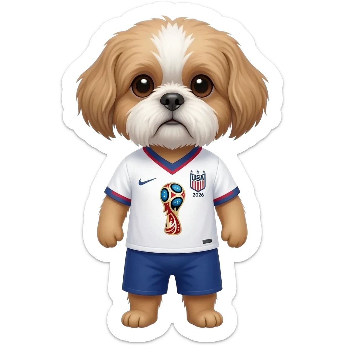 white and light brown shih zhu wearing a USA white blue and redsoccer jersey v neck 2026 work cup sticker