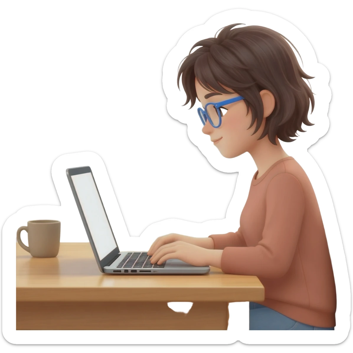 girl with messy hair and glasses working from home  on PC sticker