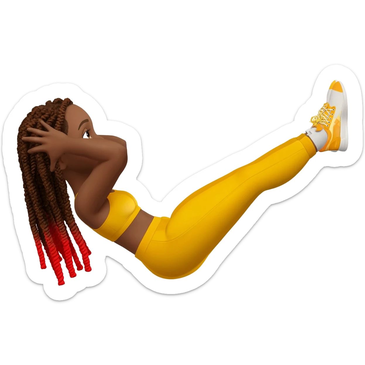 African American girl with long dreadlocks brown with red tips,  In yellow working out clothes in various work out poses (sit ups, crunches, etc) sticker