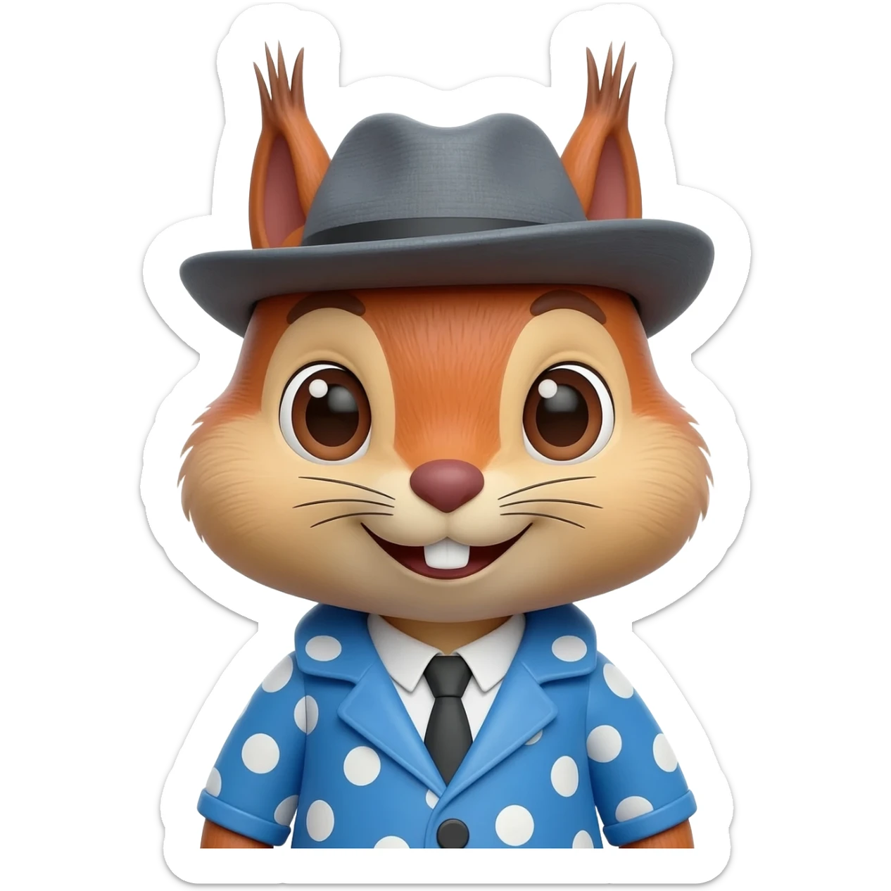 3D squirrel head emoji, Apple style, glossy plastic texture, grey fedora, blue polka-dot coat, cute wide-eyed expression, studio lighting, white background, high detail. sticker