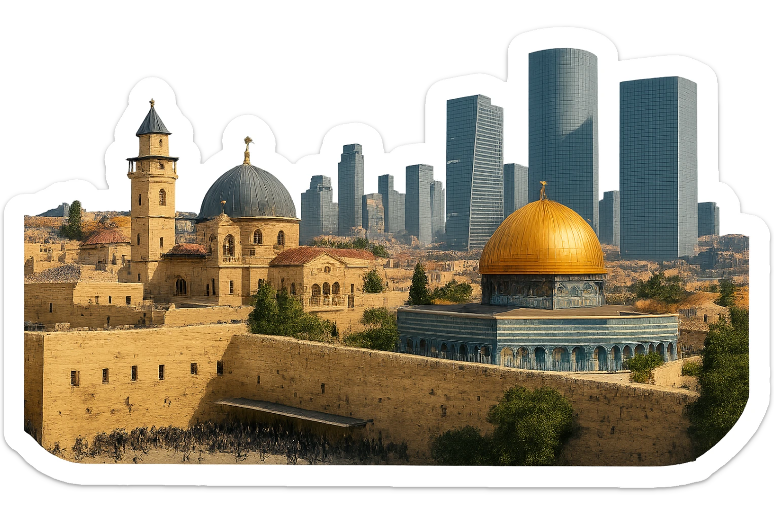 cinematic, realistic emoji combining Jerusalem and Tel Aviv, wide city view with realistic depictions of Dome of the Rock, Western Wall, Church of the Holy Sepulchre, and Tel Aviv skyline with Azrieli Center, lifelike detail, accurate colors, bright daytime lighting, fully transparent background with no sky and no clouds, emphasize realism and architectural accuracy sticker