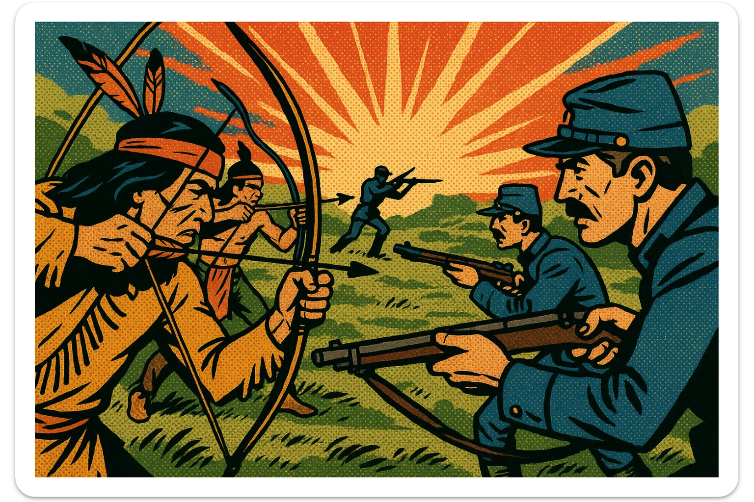 A conflict scene between native American warriors using bows and arrows and the US Army using rifles in the American West in the 1860s. sticker
