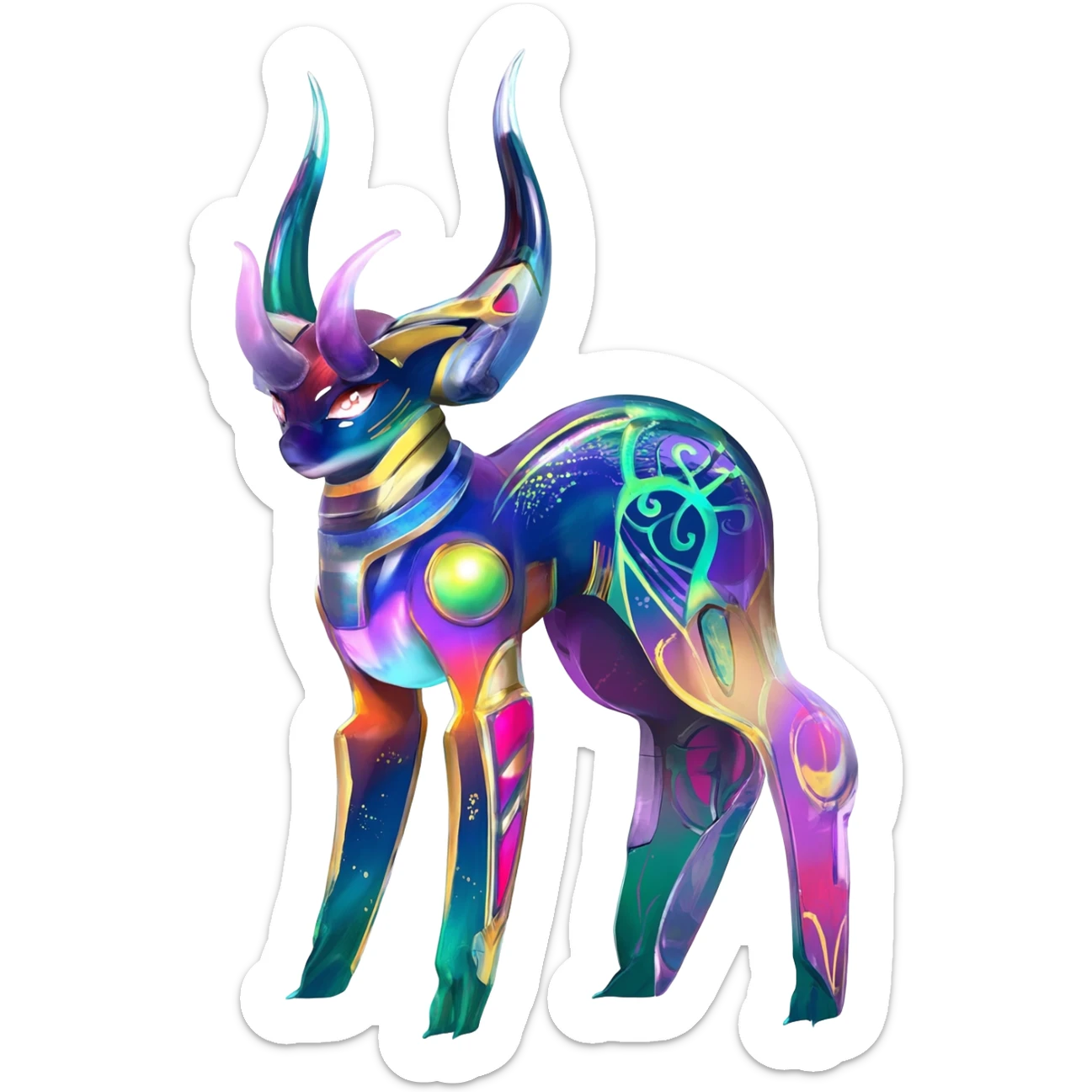 Shiny Horned Antenna’d Colorful Futuristic Ornate Oriental Painted Asian Fae-Vernid-Trico-Meloetta-Latias-Koraidon-Peppercat-Protogen-Pokémon-Digimon-Fakémon-fusion-hybrid-creature sticker